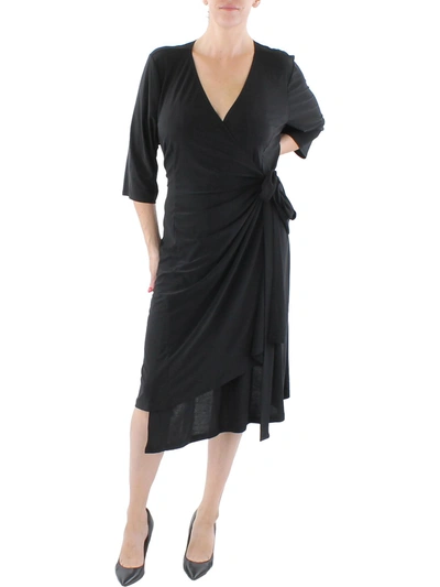 Kiyonna Plus Womens Faux Wrap Calf Midi Dress In Black