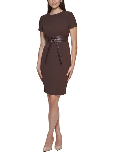 Calvin Klein Solid Faux-leather Tie-waist Sheath Dress In Brown