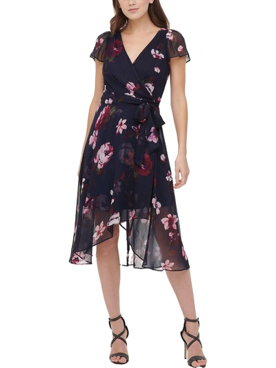 Dkny Womens Floral Print V-neck Wrap Dress In Blue