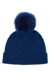 STEWART OF SCOTLAND CASHMERE BASKETWEAVE RIB KNIT BEANIE WITH GENUINE SHEARLING POM