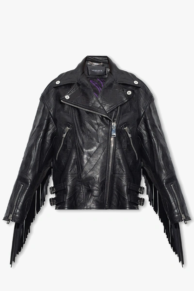 Versace Blouson Leather With Fringes Look9 In Black