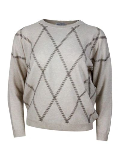 Brunello Cucinelli Long-sleeved Crewneck Jumper In Fine Wool, Cashmere And Silk With Diamond Pattern Exclusive Details In Beige