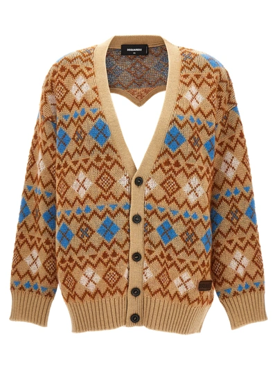 Dsquared2 Heart Cutout Wool Knit Cardigan In Cream