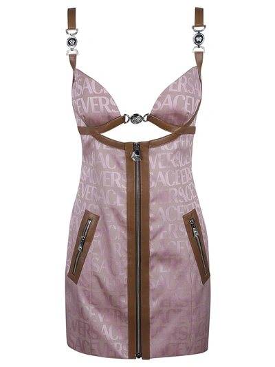 Versace Multi-zip Short Dress In Pink/beige