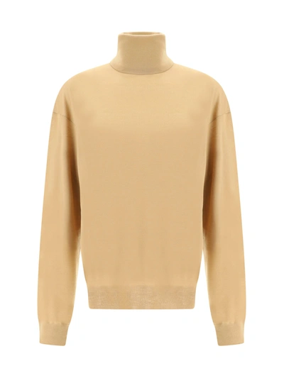 Saint Laurent Fine-knit Slouchy Rollneck Sweater In Beige