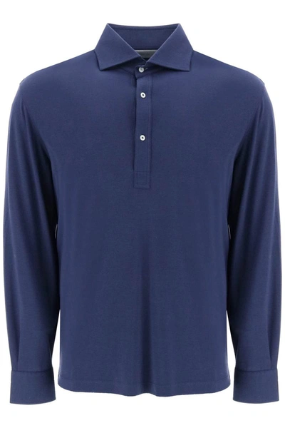Brunello Cucinelli Long Sleeved Polo Shirt In Blue
