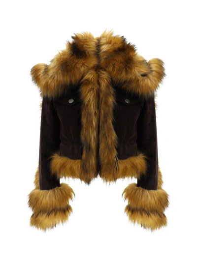 Dsquared2 Cropped Cotton Velvet & Faux Fur Coat In Dark Brown