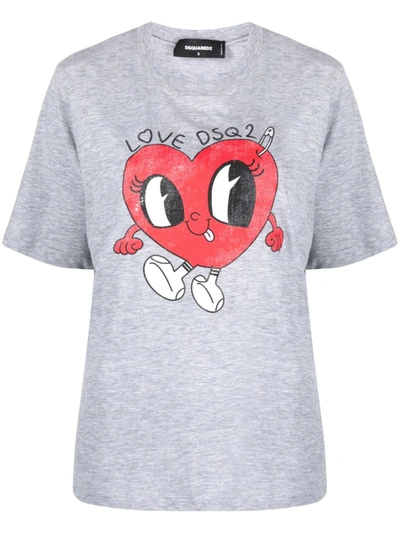 Dsquared2 Heart-print Round-neck T-shirt In Grey Melange