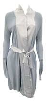 PJ HARLOW ELIJAH RIB KNIT LONGSLEEVE ROBE WITH SATIN TRIM AND BELT IN MORNING BLUE