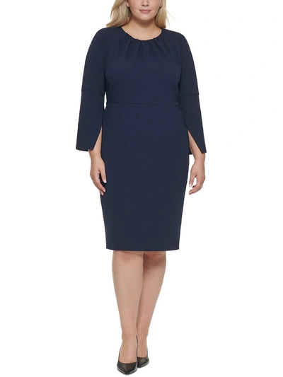 Calvin Klein Plus Womens Ruched Knee Sheath Dress In Blue