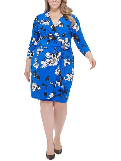 Calvin Klein Petites Womens Surplice Mini Wrap Dress In Blue