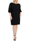 CONNECTED APPAREL PLUS WOMENS BURNOUT PUFF SLEEVE SHIFT DRESS