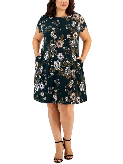 Connected Apparel Plus Womens Floral Print Knee Fit & Flare Dress In Green