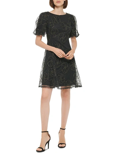 Dkny Womens Embroidered Mesh Fit & Flare Dress In Black