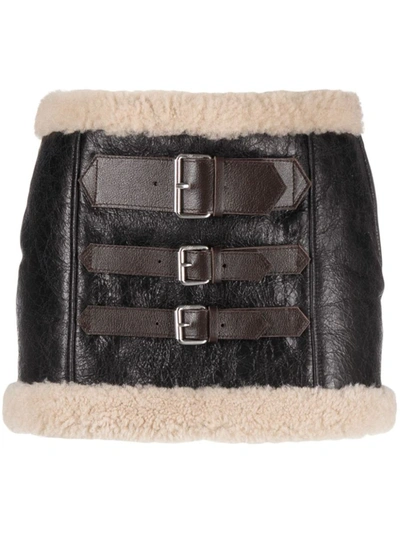 Blumarine Fur Trim Belted Short Skirt In Brown