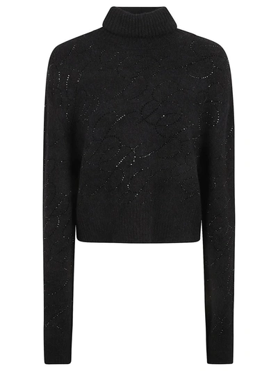 Blumarine Roll Neck Embellished Knit Sweater In Black
