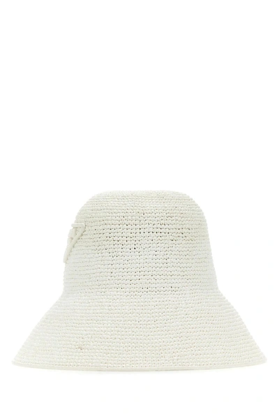 Prada Logo Debossed Raffia Hat In White