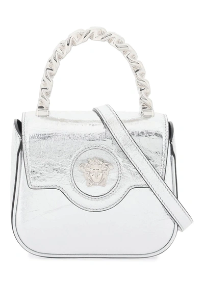 Versace La Medusa Mini Metallic Leather Tote Bag In Silver Palladium (silver)
