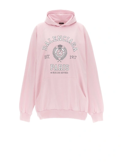 Balenciaga Pink Oversized Hoodie With College-style Logo Print In Cotton Woman In Faded Pink