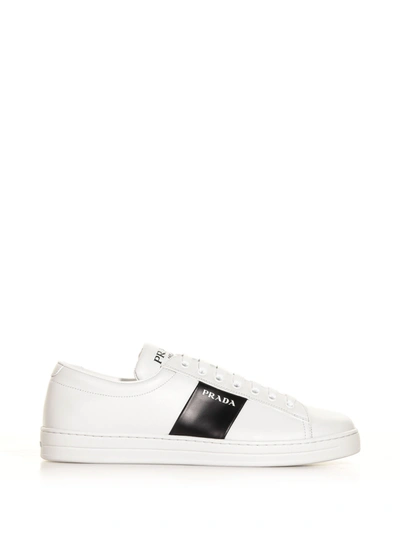 Prada Leather Laced Sneakers With Logo In Bianco +nero