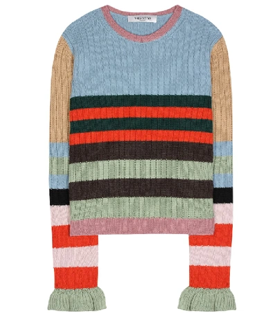 Valentino Striped Fluted-cuff Ribbed-knit Wool Jumper In Multicolor
