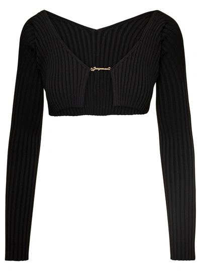 Jacquemus 'la Maille Pralù' Black Cropped Cardigan With Golden Logo In Stretch Viscose Woman