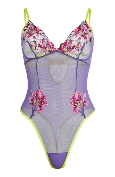 Hanky Panky Floral Embroidered Mesh Teddy In Purple