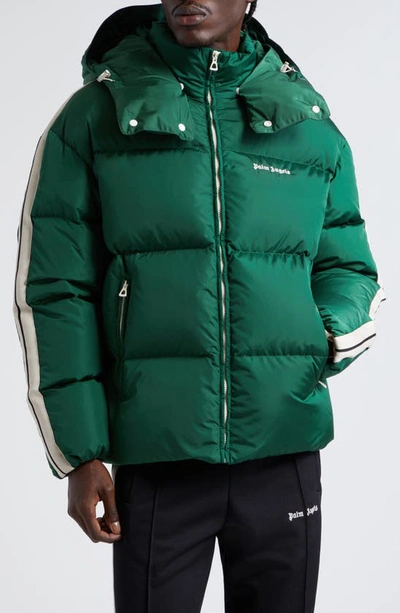Palm Angels Logo Printed Zipped Down Jacket In Forest Gre
