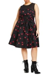 City Chic Molly Print Fit & Flare Dress In Black Cherry Prt