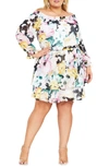 CITY CHIC ATHENA FLORAL OFF THE SHOULDER LONG SLEEVE BELTED MINIDRESS