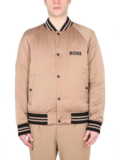 Hugo Boss Satin Bomber Jacket With Stripes And Branding In Brown