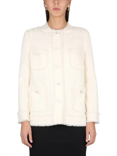 Dolce & Gabbana White Tweed Jacket With Logo Buttons