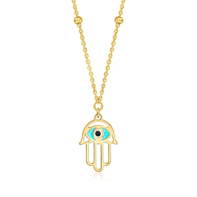 Rs Pure By Ross-simons Italian 14kt Yellow Gold Evil Eye Hamsa Necklace With Multicolored Enamel In Blue