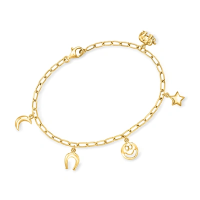 Rs Pure By Ross-simons 14kt Yellow Gold Lucky Symbols Paper Clip Link Charm Bracelet
