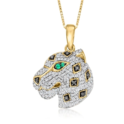 Ross-simons Black And White Diamond Leopard Pendant Necklace With Emerald Accents In 18kt Gold Over Sterling In Green