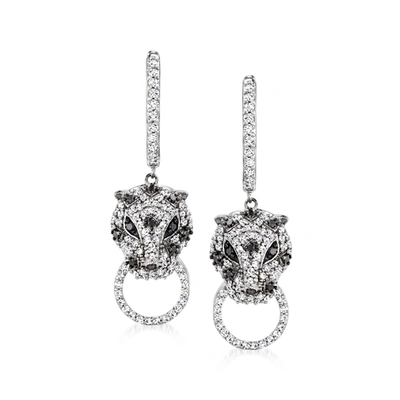 Ross-simons Black And White Diamond Leopard Hoop Drop Earrings In Sterling Silver