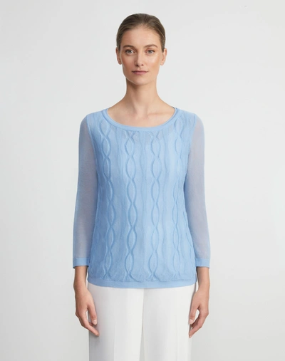 Lafayette 148 Chantilly Cotton Intarsia Cable Double Layer Sweater In Blue