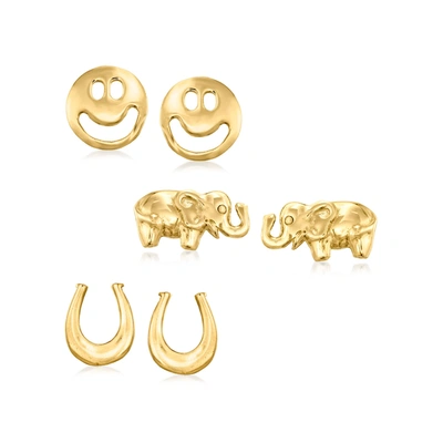 Rs Pure By Ross-simons 14kt Yellow Gold Jewelry Set: 3 Pairs Of Lucky Symbol Stud Earrings