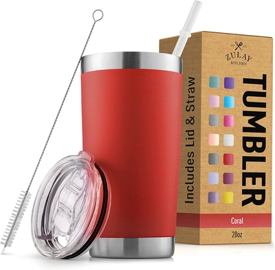 Zulay Kitchen Double Walled Insulated Travel Mug For Hot And Cold Drinks With Lid And Straw In Red