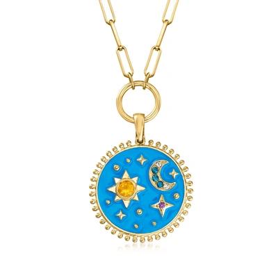 Ross-simons Multi-gemstone And Blue Enamel Celestial Paper Clip Link Pendant Necklace In 18kt Gold Over Sterling