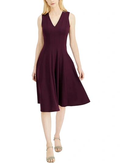 Calvin Klein Womens V-neck Midi Fit & Flare Dress In Purple