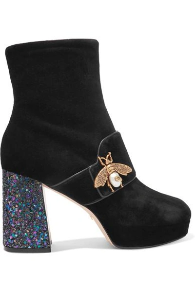 Gucci Embellished Glittered Velvet Ankle Boots In Black/gold