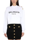 Balmain Logo Sweatshirt With Embossed Buttons In Blanc Noir (white)