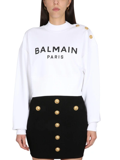Balmain Logo Sweatshirt With Embossed Buttons In Bianco