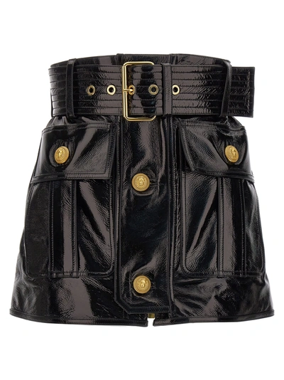 Balmain Belted Leather Miniskirt In Pa Noir