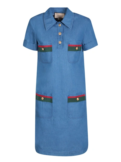 Gucci Web Stripe Denim Shirt Dress In Blue