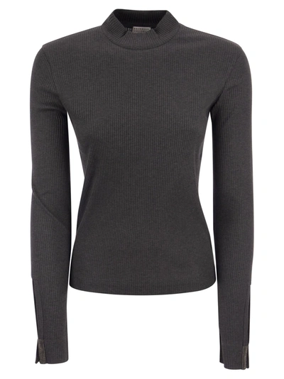 Brunello Cucinelli Ribbed Cotton Jersey T-shirt With Precious Split Cuff In Dark Grey