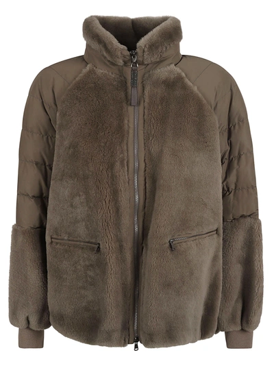 Brunello Cucinelli Soft Shearling Zip Up Coat W Padded Taffetta Block In Brown