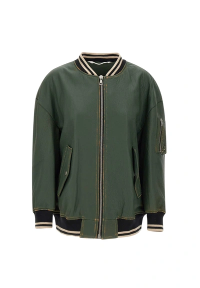 Palm Angels Sunset Leather Bomber Jacket In Green