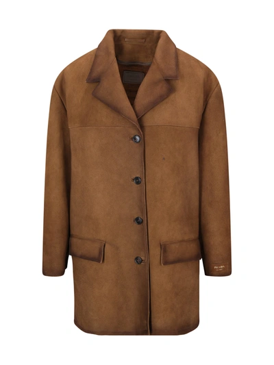 Prada Single-breasted Suede Coat In Tabacco